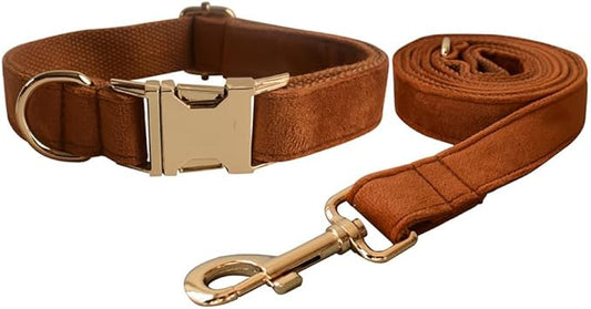Love Dream Velvet Dog Collar and Leash Set, Soft & Comfy Adjustable Dog Leash and Collar with Heavy Duty Metal Buckle for Small Medium Large Dogs Training & Walking (Medium, Copper Red)
