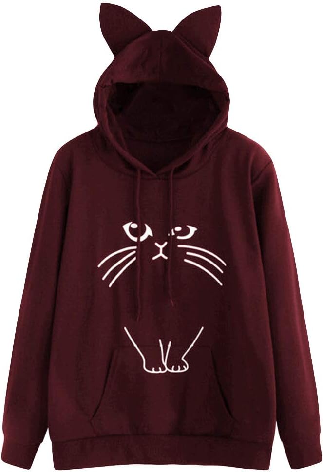 Women Girl Hoodies Cute Cat Ear Novelty Printed Pullover Sweatshirt