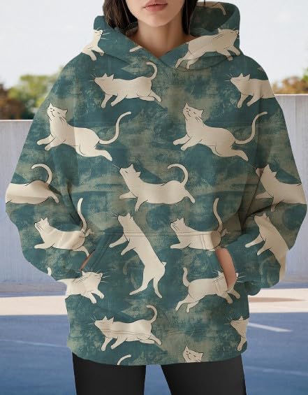 Womens Funny Cat Hoodies Oversized Graphic Hooded Sweatshirt for Women Fall Plus Size Pullover Hoodie Y2K