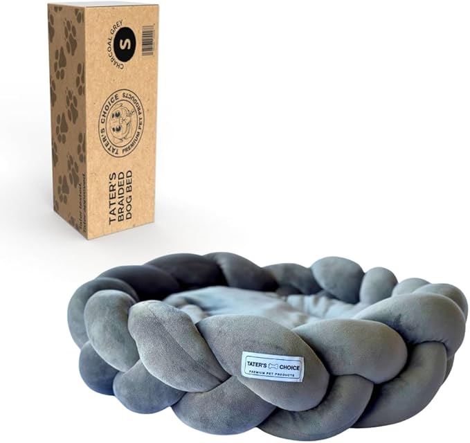 Tater's Choice 24" Dog Bed - Premium Braided Dog Bed - Luxurious and Durable Pet Beds with Plush Polyester Filling, Non-Slip Base, and Stylish Design, Washable Mattress, Charcoal Grey, 24 inch, Small