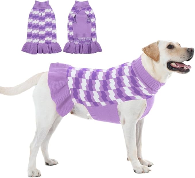 Dog Sweaters for Large Dogs Girl, Dog Sweater Dress with Leash Hole, Thick Turtleneck Knitwear for Female Dogs, Warm Fall Winter Dress for Cold Weather, Thanksgiving, Christmas - Purple XL