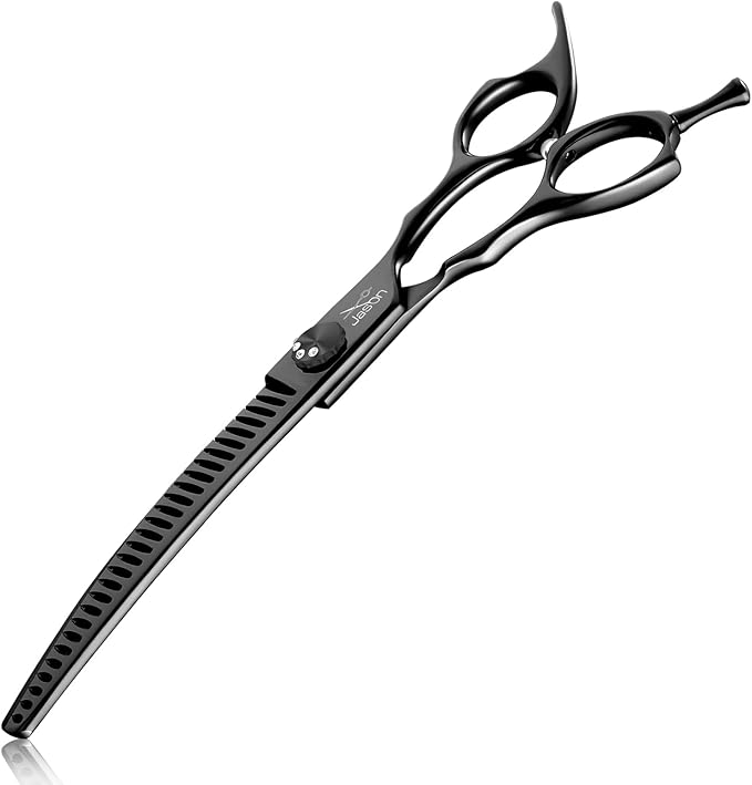 JASON 7" Ergonomic Curved Dog Scissors - Black 440C Stainless Steel Grooming Scissors (28-Teeth, Down-curved)
