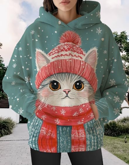 Womens Funny Cat Hoodies Oversized Graphic Hooded Sweatshirt for Women Fall Plus Size Pullover Hoodie Y2K