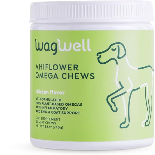 WagWell Ahiflower Omega Chews – Vet-Formulated, All Natural, Made in The USA – Skin, Coat, & Joint Chews for Dogs – Plant-Based Omega 3, 6 & 9 – Dog Fish Oil Alternative, Chicken-Flavored, 60 Chews