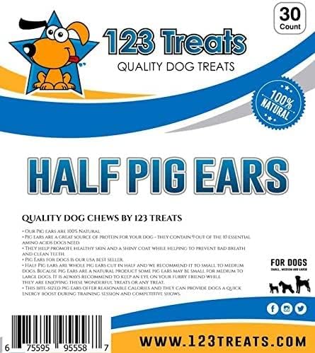 123 Treats Pig Ears for Dogs, 100% Natural Long Lasting Pork Dog Chews, Ideal for All Chewers, Delicious and Healthy Dog Treats, Half Pig Ears (One Pack of 30)