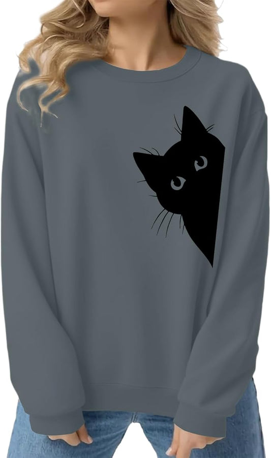 Cat Sweatshirts for Women Graphic Print Sweatshirt Funny Long Sleeve Shirt Cute Pullover Lightweight Hoodie Tops