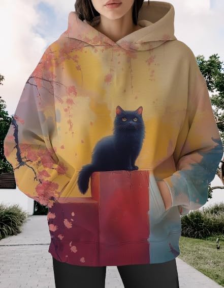 Womens Funny Cat Hoodies Oversized Graphic Hooded Sweatshirt for Women Fall Plus Size Pullover Hoodie Y2K