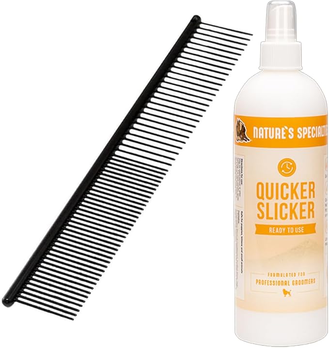 Paw Brothers Grooming Tool and Nature's Specialties Conditioning Spray Bundle - Greyhound Style Comb, Teflon, Fine/Med., 7.5 in - Quicker Slicker Detangling and Conditioning Spray, Ready to Use, 16 oz