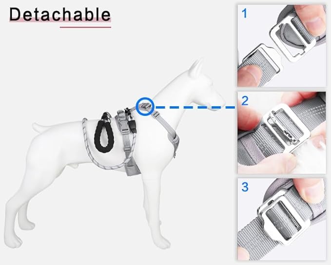 Adjustable Dog Harness - No Pull, Reflective, Soft Padded for Small, Medium, Large Dogs - Includes Leash Light Silver L