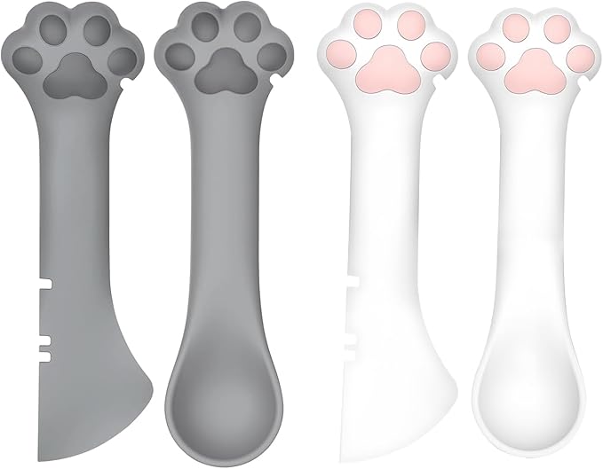 4-Piece Cat Food Spoon & Cat Food Spatula–Silicone Cat Dog Can Opener-Effortlessly Opens Cans|Precise Stirring & Feeding | Easy to Clean | Ideal for Dog & Cat Feeding Cans,2pc Gray and 2pc White