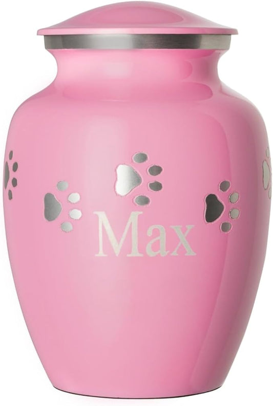 Pet Urn for Dogs and Cats with Personalized Laser Engraving, Ottillie Paws Premier Series Memorial Urns (Small Ardent Pink with Horizontal Pewter Paws)