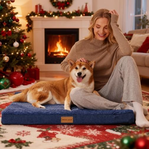 Patas Lague Orthopedic Dog Bed Large Sized Dog 36''X24'',Soft Waterproof Egg Crate Foam Medium Pet Crate Beds Mat with Removable Washable Cover and Non-Slip Bottom, Navy Blue