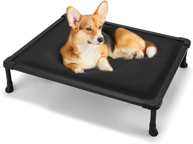 Veehoo Chew Proof Elevated Dog Bed, Durable Raised Pet Cot with Soft PP Cotton-Filled Waterproof Mat, Washable Padded Cot for Indoor, Outdoor & Camping, 35-Inch, Black
