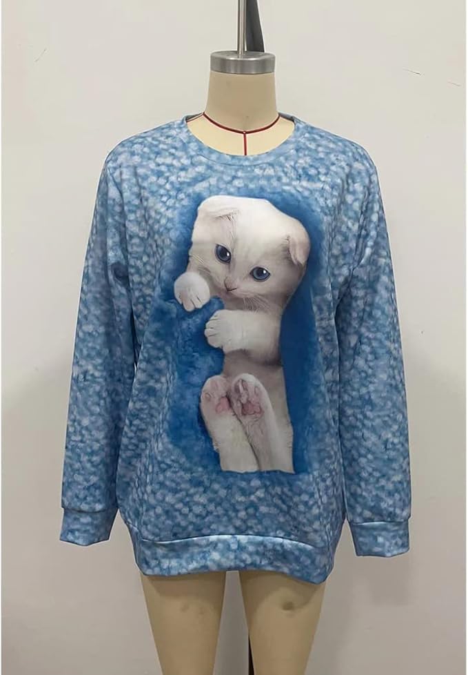 Womens Cute Cat Print Sweatshirts Long Sleeve Lightweight Crew Neck Shirts Casual Trendy Tops Spring