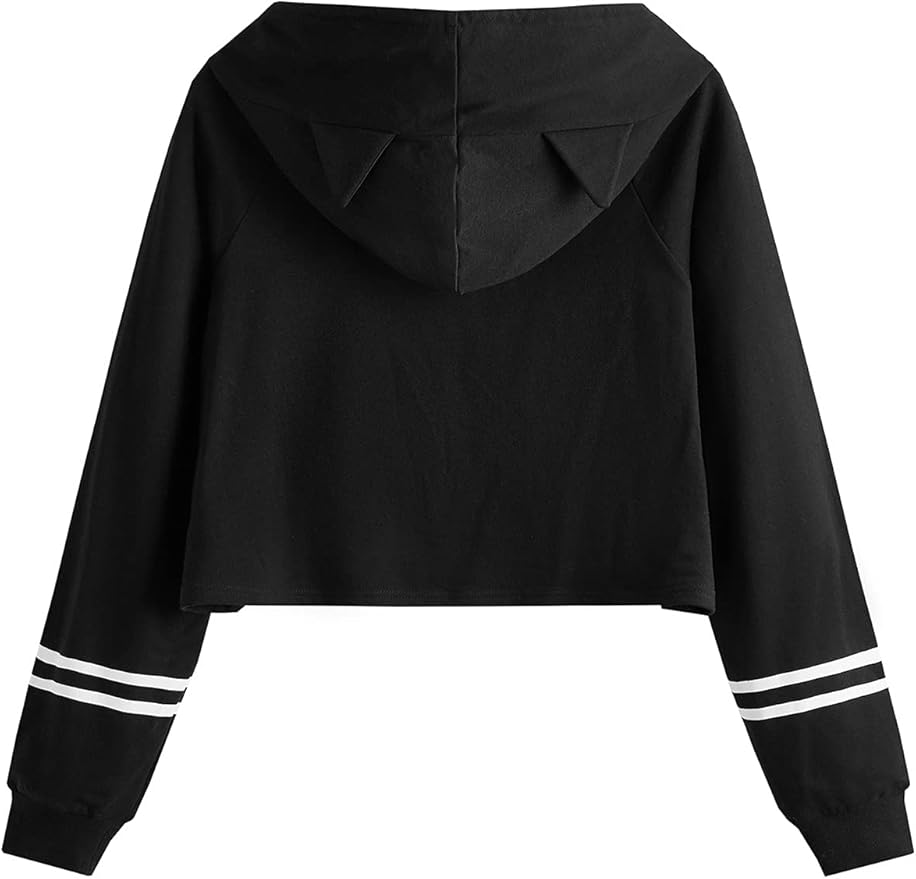 SweatyRocks Women's Long Sleeve Hoodie Crop Top Cat Print Sweatshirt