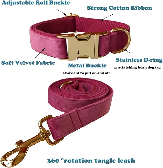 Love Dream Velvet Dog Collar and Leash Set, Soft & Comfy Adjustable Dog Leash and Collar with Heavy Duty Metal Buckle for Small Medium Large Dogs Training & Walking (XLarge, Rose)