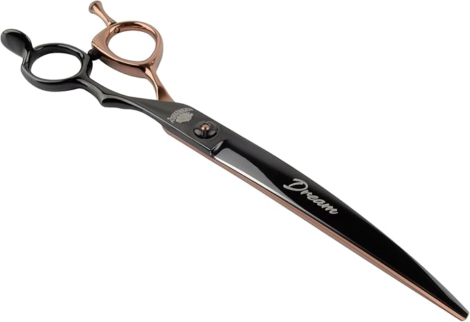 Furzone 7.5” DREAM Curved Shear Pet Dog Grooming Scissors, Patent Grip Design, Easy Adjust, Japanese 440C Tempered Steel, Lightweight, Professional Dog Scissors For Dog Grooming (Serrated)