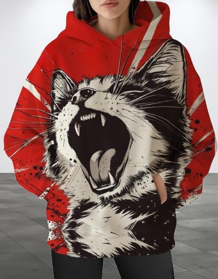 Womens Funny Cat Hoodies Oversized Graphic Hooded Sweatshirt for Women Fall Plus Size Pullover Hoodie Y2K