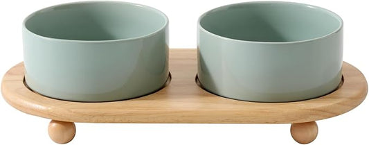 Havniva Ceramic Elevated Dog Bowls, Food and Water Bowls for Dogs, Puppy, Raised Dog Dish, Pet Feeder(6inch, 2 x Light Green + Stand)