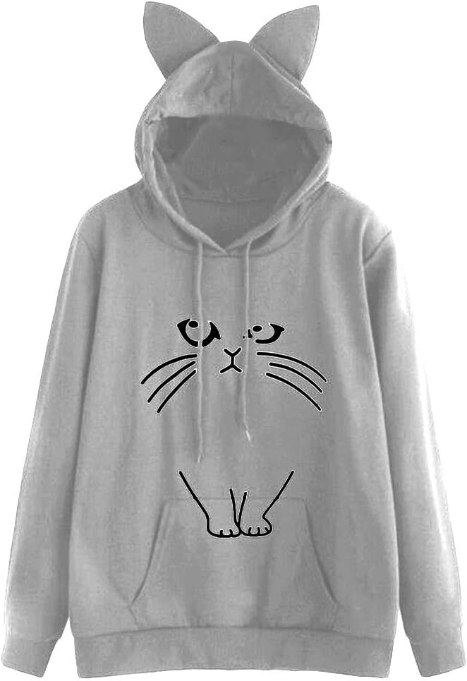 Women Girl Hoodies Cute Cat Ear Novelty Printed Pullover Sweatshirt