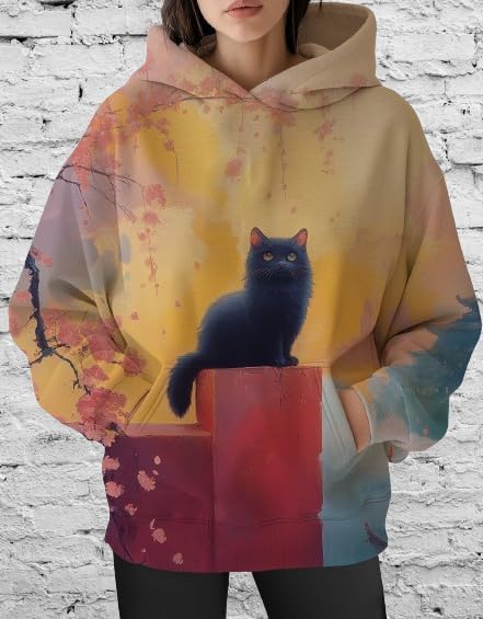Womens Funny Cat Hoodies Oversized Graphic Hooded Sweatshirt for Women Fall Plus Size Pullover Hoodie Y2K