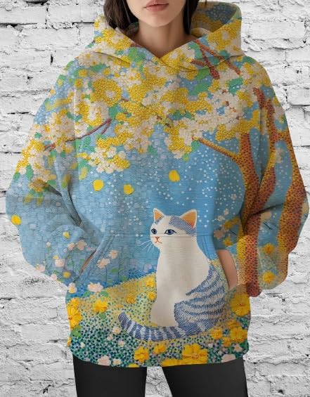 Womens Funny Cat Hoodies Oversized Graphic Hooded Sweatshirt for Women Fall Plus Size Pullover Hoodie Y2K