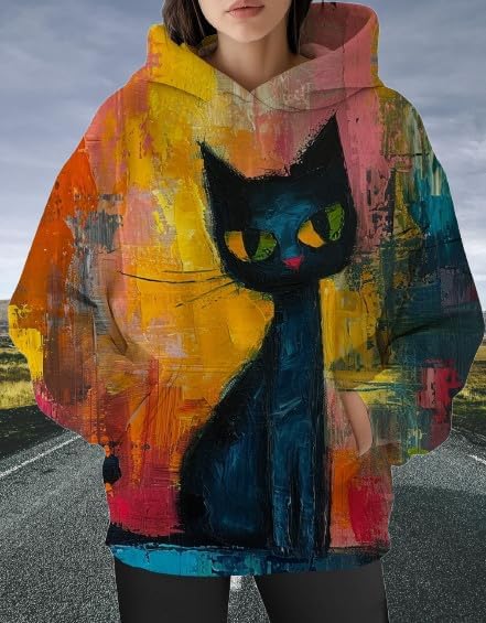 Womens Funny Cat Hoodies Oversized Graphic Hooded Sweatshirt for Women Fall Plus Size Pullover Hoodie Y2K