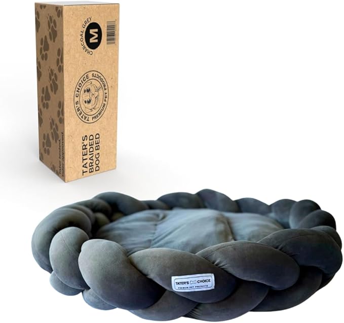 Tater's Choice 32" Dog Bed - Premium Braided Dog Bed - Luxurious and Durable Pet Beds with Plush Polyester Filling, Non-Slip Base, and Stylish Design, Washable Mattress, Charcoal Grey, 32 inch, Medium