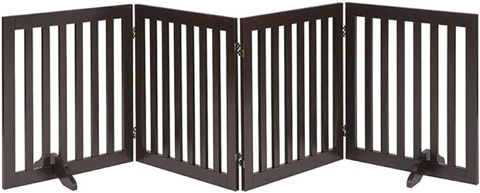 unipaws 24" H Free Standing Pet Gate for Dog Cat, Wooden Dog Gates for Doorway, Stairs, Step Over Foldable Pet Fence for The House, Expandable Dog Barrier, Indoor Use, Espresso