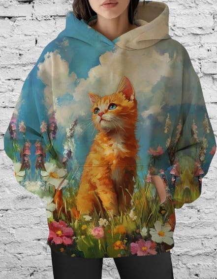 Womens Funny Cat Hoodies Oversized Graphic Hooded Sweatshirt for Women Fall Plus Size Pullover Hoodie Y2K