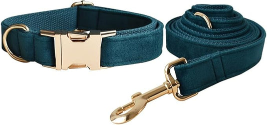 Love Dream Velvet Dog Collar and Leash Set, Soft & Comfy Adjustable Dog Leash and Collar with Heavy Duty Metal Buckle for Small Medium Large Dogs Training & Walking (Small, Peacock Green)