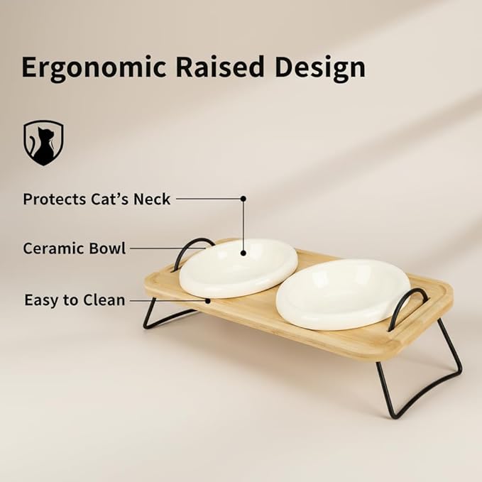Raised Cat Ceramic Bowls with Wood Stand Kitty Elevated Bowls for Food and Water with Tilted Design Anti-Vomiting, Pet Bowl Set with Stainless Steel Base for Cats and Puppy by TDTOK ﻿