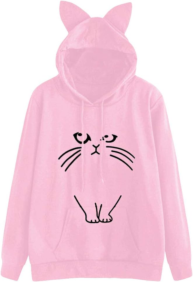 Women Girl Hoodies Cute Cat Ear Novelty Printed Pullover Sweatshirt