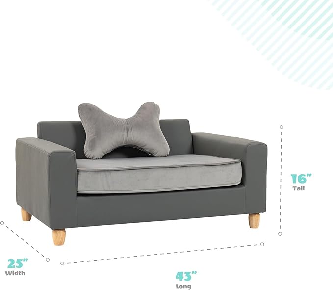 CRITTER SITTERS 43” Faux Leather Ped Bed in Dark Grey, Durable Washable Sofa Couch for Large Cats & Dogs, Must Have Essential Furniture Accessory for Kittens & Puppies