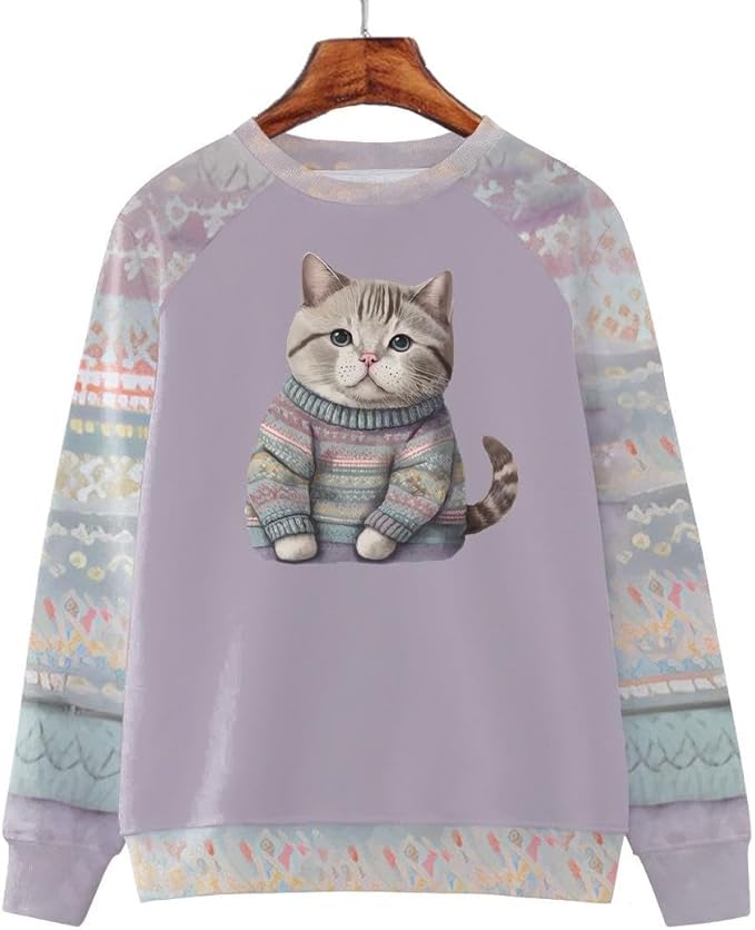 IVERIRMIN Womens 3D Cat Crewneck Sweatshirts Casual Cute Long Sleeve Shirts Pullover Tops Graphic Loose Fit Sweater for Women