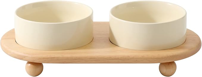 Havniva Ceramic Elevated Cat Food and Water Bowl, Kitty Bowl, Raised Cat Dish, Pet Feeder (5.1 in, 2 x Beige + Stand)