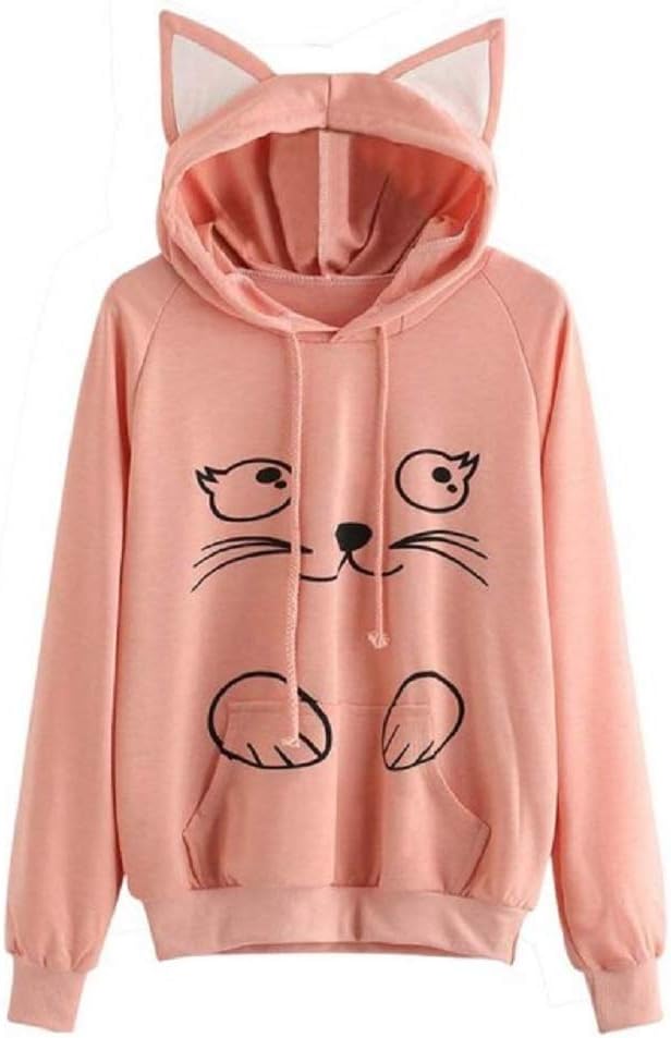 Women Girl Hoodies Cute Cat Ear Novelty Printed Pullover Sweatshirt