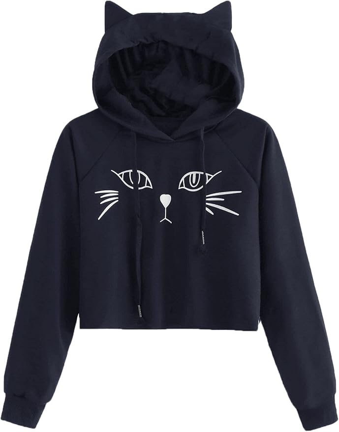 SweatyRocks Women's Long Sleeve Hoodie Crop Top Cat Print Sweatshirt