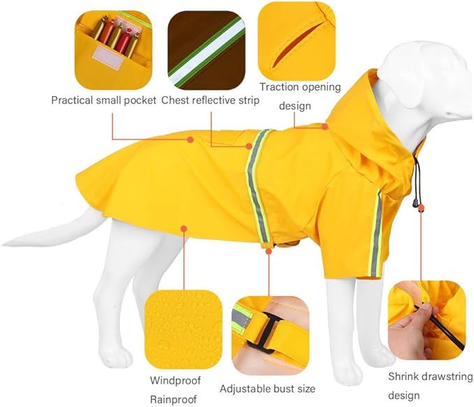 Pet Dog Raincoat Waterproof Reflective Lightweight with Adjustable Hood for Small Medium Large Dogs (Yellow,4XL)