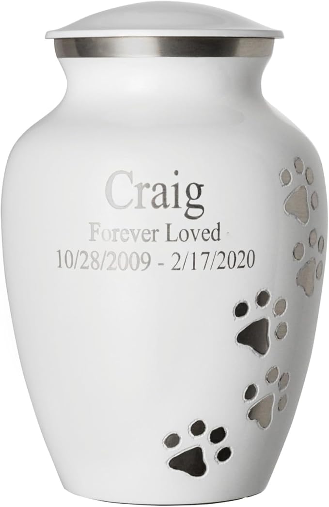 Pet Urn for Dogs and Cats with Personalized Laser Engraving, Ottillie Paws Premier Series Memorial Urns (Large Cloud White with Vertical Pewter Paws)