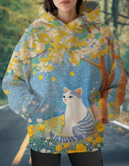 Womens Funny Cat Hoodies Oversized Graphic Hooded Sweatshirt for Women Fall Plus Size Pullover Hoodie Y2K