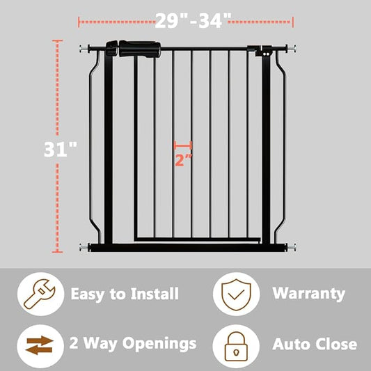 Fairy Baby Walk Through Black Baby Gate 29-34 Inch Wide, Pressure Mounted Safety Gate with Door No Drill, Tension Metal Gate for Dog and Toddler