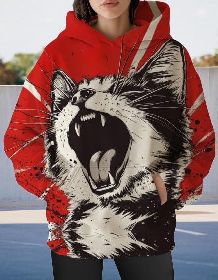 Womens Funny Cat Hoodies Oversized Graphic Hooded Sweatshirt for Women Fall Plus Size Pullover Hoodie Y2K