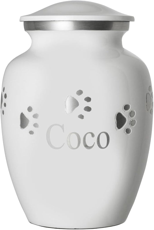 Pet Urn for Dogs and Cats with Personalized Laser Engraving, Ottillie Paws Premier Series Memorial Urns (Medium Cloud White with Horizontal Pewter Paws)