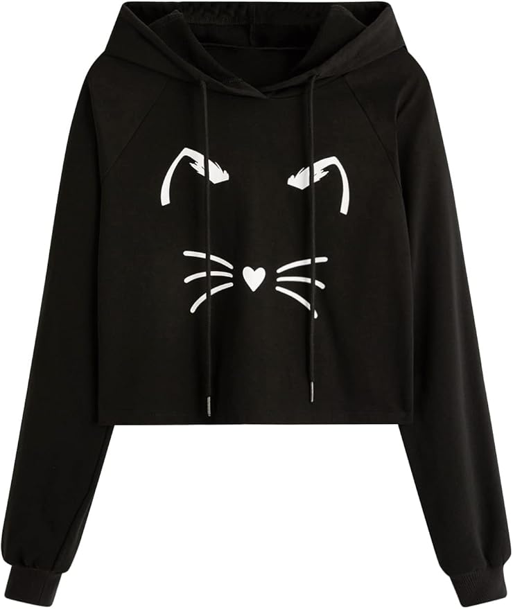 SweatyRocks Women's Long Sleeve Hoodie Crop Top Cat Print Sweatshirt