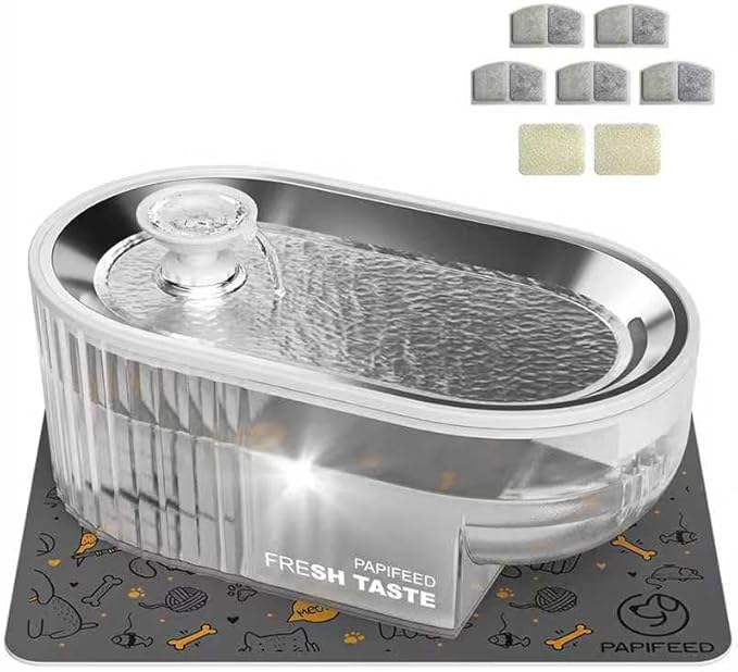 PAPIFEED Cat Water Fountain+ Stainless Steel Tray + 1 Silicone Mat+5 Filters+2 Sponges, 84 oz/2.5L Automatic Pet Drinking Fountain, Ultra Quiet Pet Fountain with Stainless Steel Tray, Easy to Clean