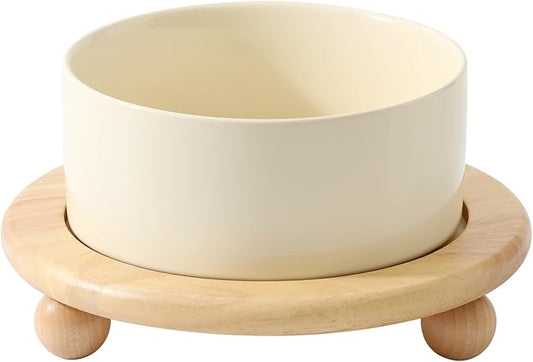 Havniva Ceramic Elevated Dog Food and Water Bowl, Kitty Bowl, Raised Dog Dish, Pet Feeder (6inch, 1 x Beige + Stand)
