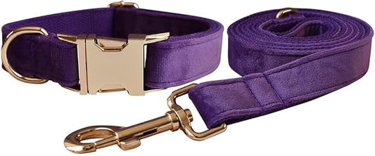Love Dream Velvet Dog Collar and Leash Set, Soft & Comfy Adjustable Dog Leash and Collar with Heavy Duty Metal Buckle for Small Medium Large Dogs Training & Walking (Large, Dark Purple)