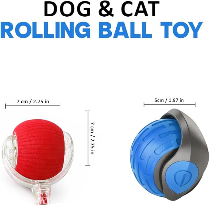 KBLZONE Interactive Cat Ball Toy – Smart Rolling Pet Ball with Obstacle Avoidance, USB Rechargeable, Cord Tail Design – Fun Enrichment Toy for Indoor Cats & Small Dogs (Blue + Red)