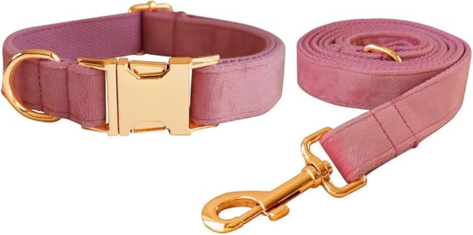 Love Dream Velvet Dog Collar and Leash Set, Soft & Comfy Adjustable Dog Leash and Collar with Heavy Duty Metal Buckle for Small Medium Large Dogs Training & Walking (Small, Pink)